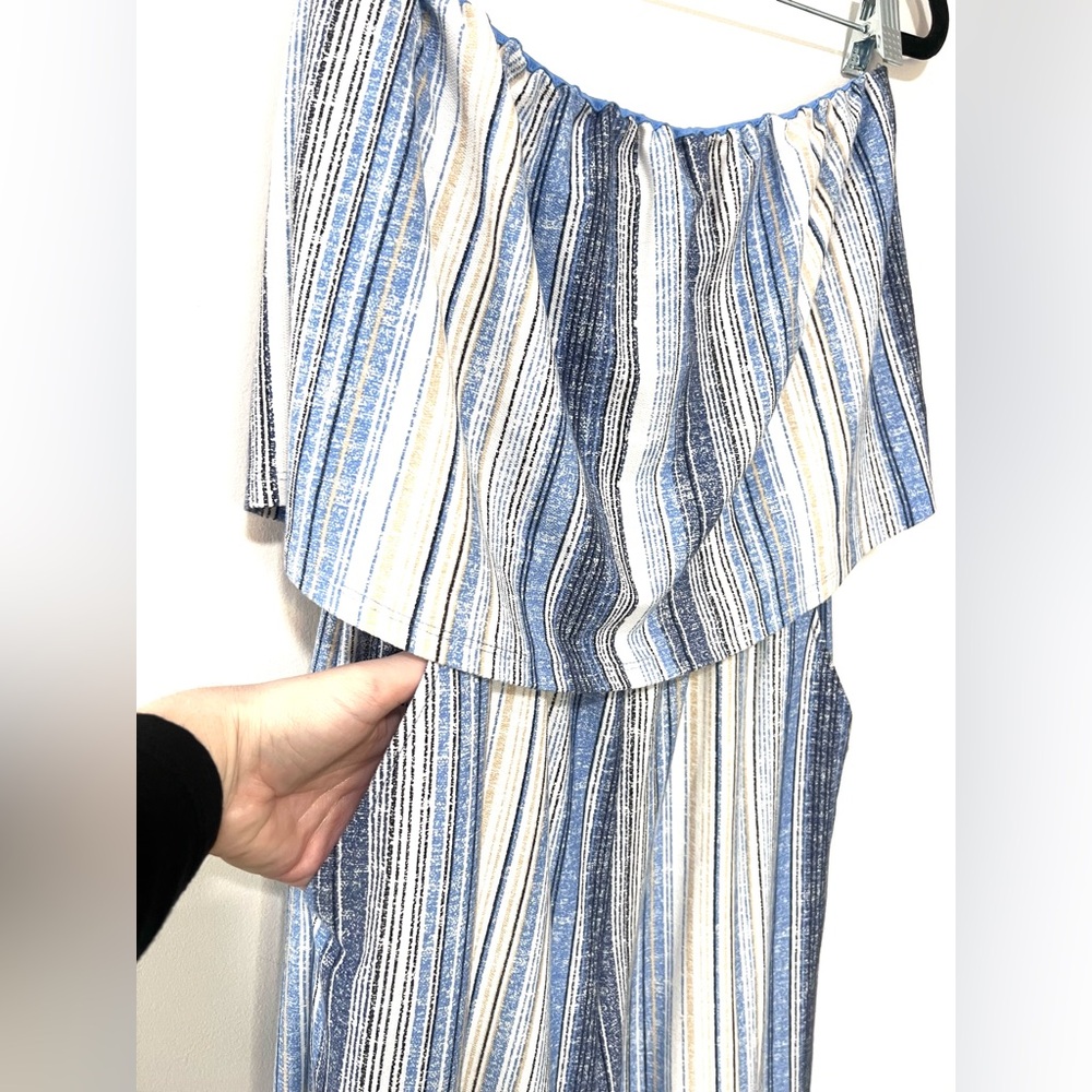 Be Pop' Strapless Popover Jumpsuit, Striped Blue and White, Size Small - Picture 3 of 5